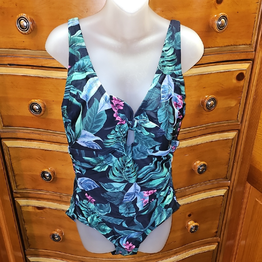 Kona Sol Tropical Leaf Print  One Piece Swimsuit
